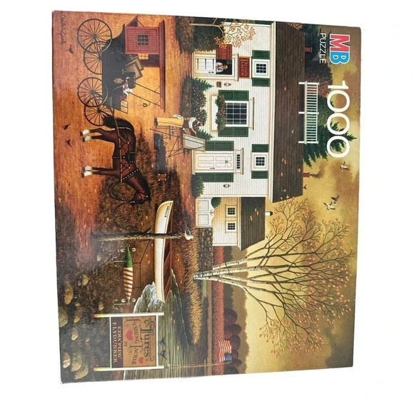MB 4679-21 1000 pc Charles Wysocki Puzzle Birch Point Cove Tackle Shop Complete - Picture 2 of 5